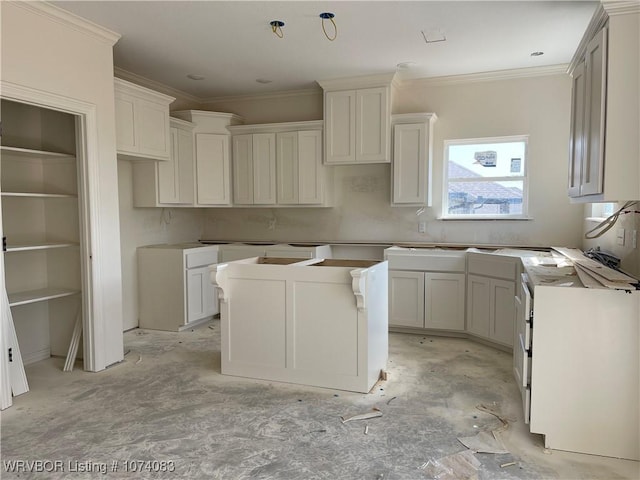 kitchen with white cabinets, a center island, and crown molding