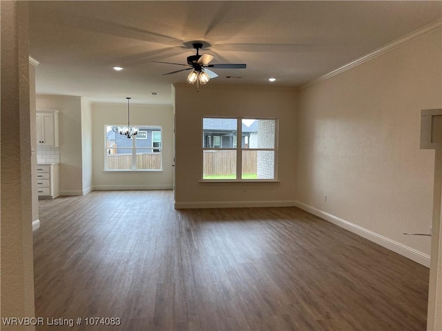 9114 Maysview Ln, Fort Smith, AR 72916 - unfurnished living room featuring a chandelier, baseboards, wood finished floors, ornamental molding, and ceiling fan