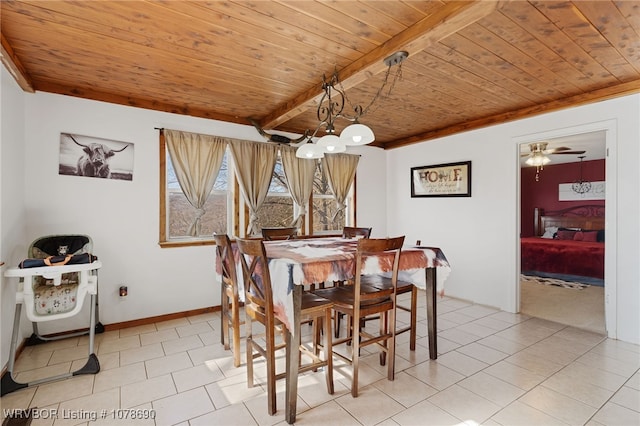 dining area featuring wood ceiling, a notable chandelier, light tile patterned flooring, and beamed ceiling