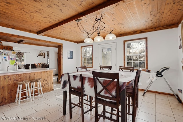 dining area featuring light tile patterned floors, wooden ceiling, and beam ceiling