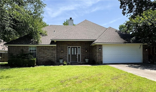 9506 Londonderry Ct, Fort Smith, AR 72908 - view of front of house with brick siding, concrete driveway, a garage, a front lawn, and a chimney