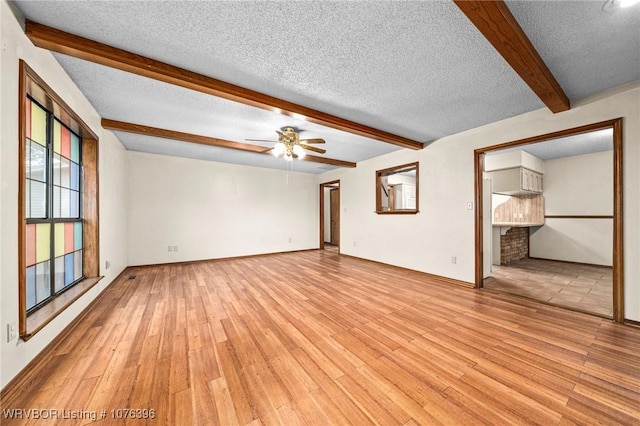 unfurnished living room featuring a textured ceiling, light hardwood / wood-style floors, and ceiling fan