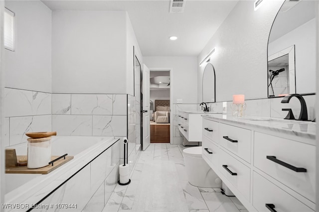 full bathroom with marble finish floor, vanity, connected bathroom, and visible vents