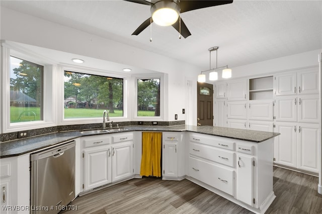 1808 Bramble Brae St, Fort Smith, AR 72908 - kitchen with stainless steel dishwasher, white cabinetry, a peninsula, and healthy amount of natural light