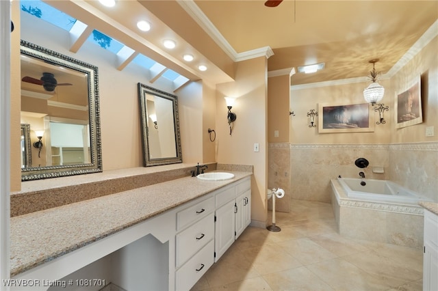 1808 Bramble Brae St, Fort Smith, AR 72908 - full bath with ornamental molding, ceiling fan, vanity, a garden tub, and tile patterned flooring
