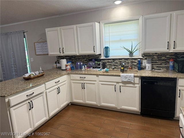 309 N 25th St, Ozark, AR 72949 - kitchen with black dishwasher, crown molding, tasteful backsplash, white cabinetry, and a peninsula