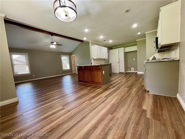 4104 Glen Flora Way, Fort Smith, AR 72908 - kitchen featuring open floor plan, dark wood-style floors, a ceiling fan, white cabinetry, and vaulted ceiling