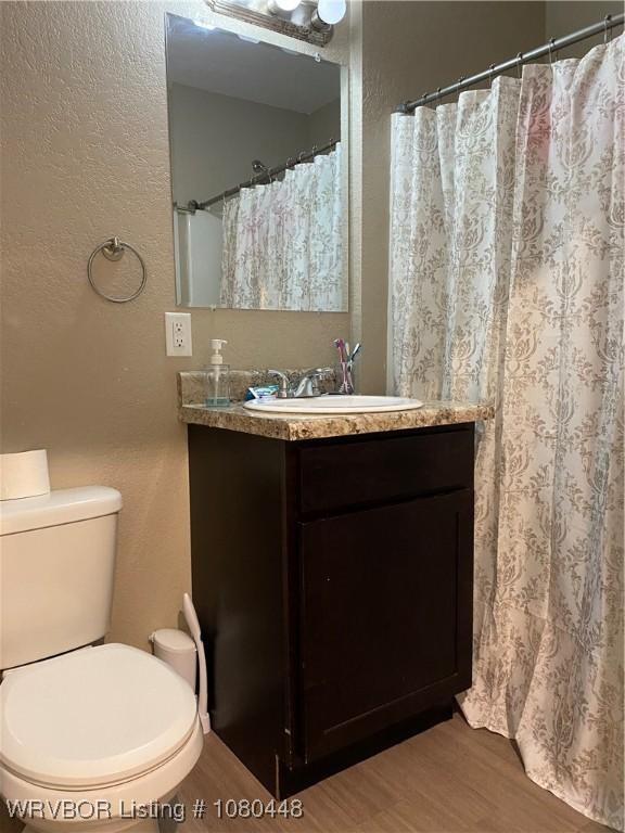 1111 Bluebird Dr, Cedarville, AR 72932 - full bathroom featuring a textured wall, wood finished floors, vanity, and toilet