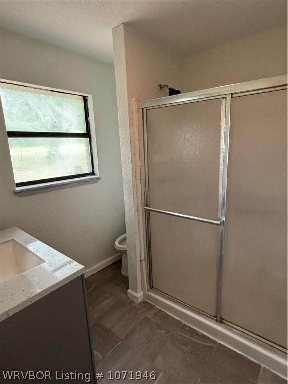 bathroom with vanity, a shower with shower door, and toilet