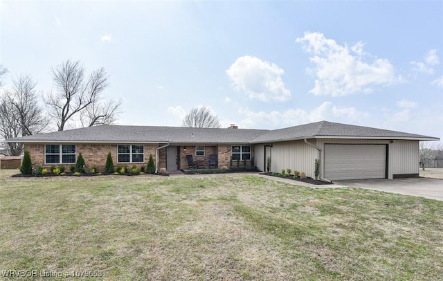 ranch-style home with concrete driveway, an attached garage, a front lawn, and a chimney