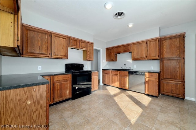 kitchen with black electric range, stainless steel dishwasher, and sink