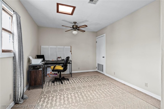 8437 Sebastian Lake Dr, Hackett, AR 72937 - office area featuring baseboards, visible vents, carpet flooring, and ceiling fan
