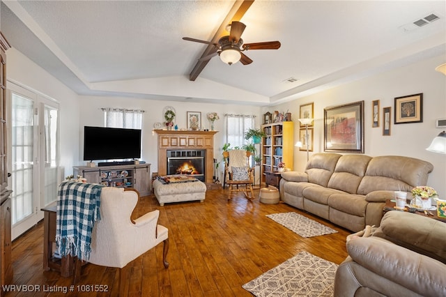 2027 High Meadow Ln, Alma, AR 72921 - living room featuring ceiling fan, wood-type flooring, and a glass covered fireplace