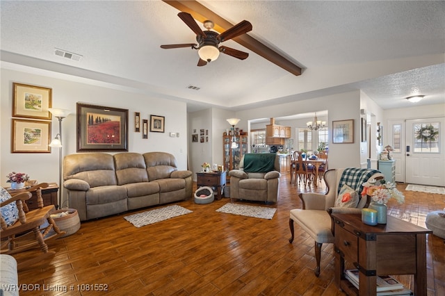 2027 High Meadow Ln, Alma, AR 72921 - living room with a chandelier, ceiling fan, a textured ceiling, and dark wood-style flooring