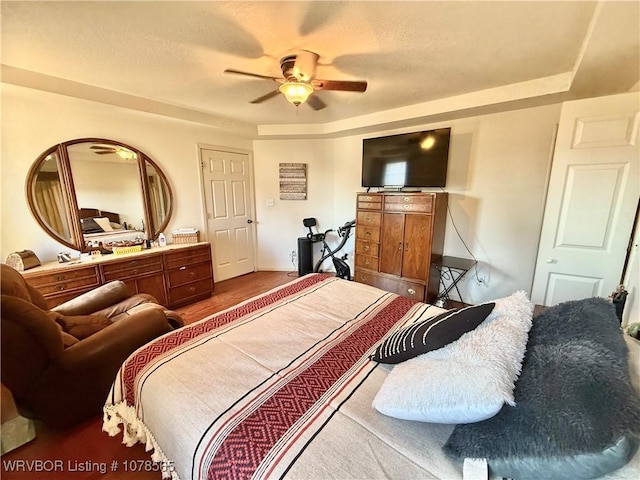 bedroom with a raised ceiling and ceiling fan