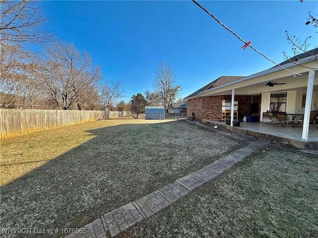 view of yard featuring a patio, ceiling fan, and a shed