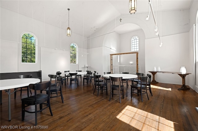 dining space featuring dark hardwood / wood-style flooring and high vaulted ceiling