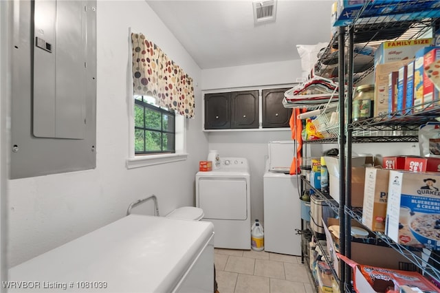 1424 Northwoods Dr, Alma, AR 72921 - laundry room featuring washer and clothes dryer, electric panel, cabinet space, and light tile patterned floors
