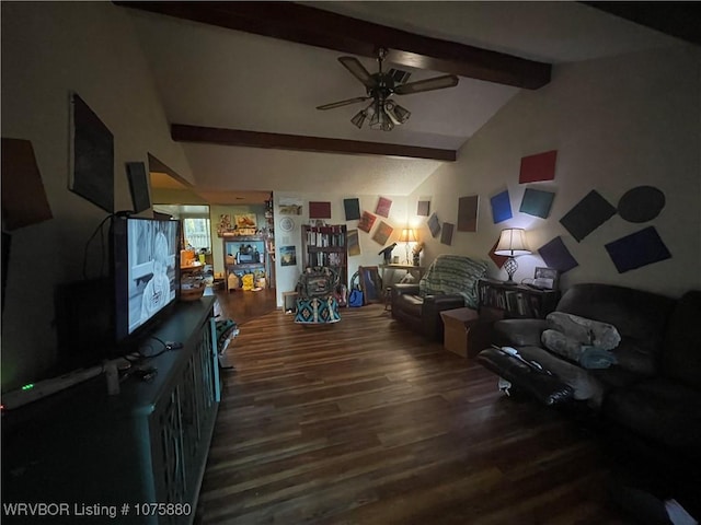 living room featuring hardwood / wood-style flooring, vaulted ceiling with beams, and ceiling fan