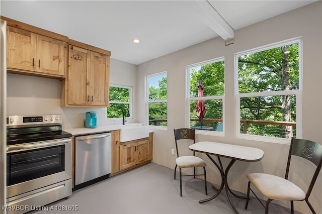 799 Sugar Maple Bnd, Rudy, AR 72952 - kitchen with stainless steel appliances, light countertops, healthy amount of natural light, finished concrete flooring, and beam ceiling