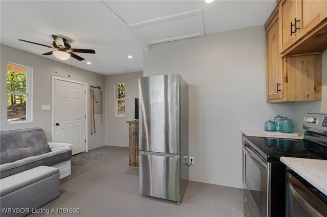 799 Sugar Maple Bnd, Rudy, AR 72952 - kitchen featuring appliances with stainless steel finishes, a ceiling fan, recessed lighting, light countertops, and light brown cabinets