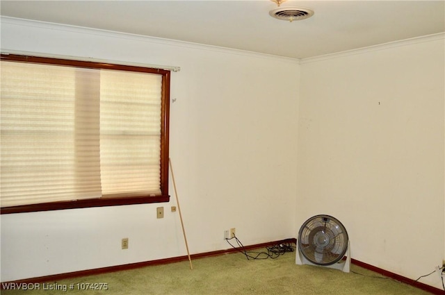 spare room featuring light colored carpet and ornamental molding