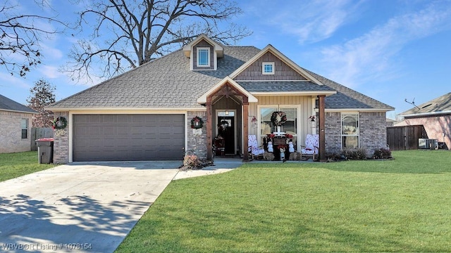 view of front of house with roof with shingles, board and batten siding, cooling unit, driveway, and a front lawn