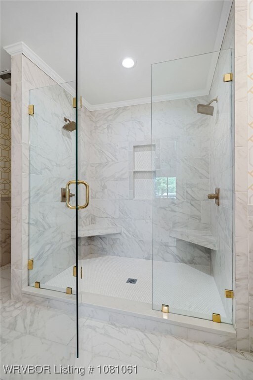 5701 Free Ferry Rd Unit 12, Fort Smith, AR 72903 - bathroom with a marble finish shower, marble look tile flooring, and crown molding