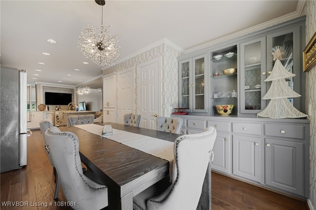 5701 Free Ferry Rd Unit 12, Fort Smith, AR 72903 - dining area featuring a chandelier, ornamental molding, dark wood-style floors, wallpapered walls, and recessed lighting
