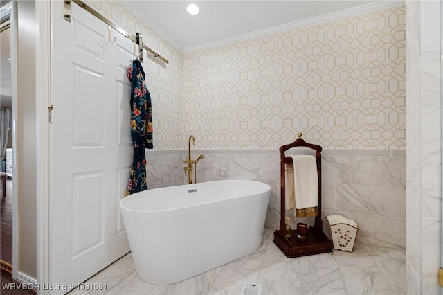 5701 Free Ferry Rd Unit 12, Fort Smith, AR 72903 - full bath featuring crown molding, a freestanding tub, marble look tiles, and tile walls