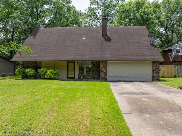 3232 Edinburgh Dr, Fort Smith, AR 72908 - view of front of house featuring an attached garage, concrete driveway, stone siding, a shingled roof, and a chimney