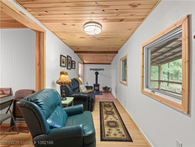 33971 Holson Valley Rd, Wister, OK 74966 - living room with wood ceiling, a wood stove, and wood finished floors