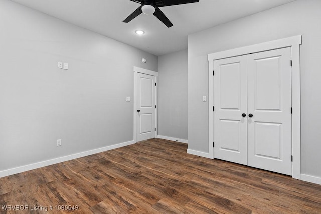 8208 Shaver Rd, Lavaca, AR 72941 - unfurnished bedroom with ceiling fan, a closet, baseboards, dark wood-style flooring, and recessed lighting