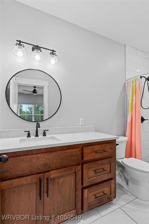 8208 Shaver Rd, Lavaca, AR 72941 - bathroom featuring vanity, toilet, marble finish floor, a ceiling fan, and a shower with shower curtain