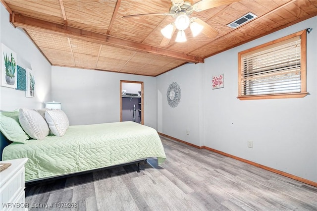 bedroom with wood finished floors, visible vents, baseboards, beam ceiling, and wooden ceiling