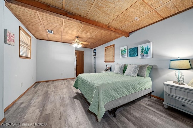 bedroom with wood ceiling, wood finished floors, visible vents, and baseboards