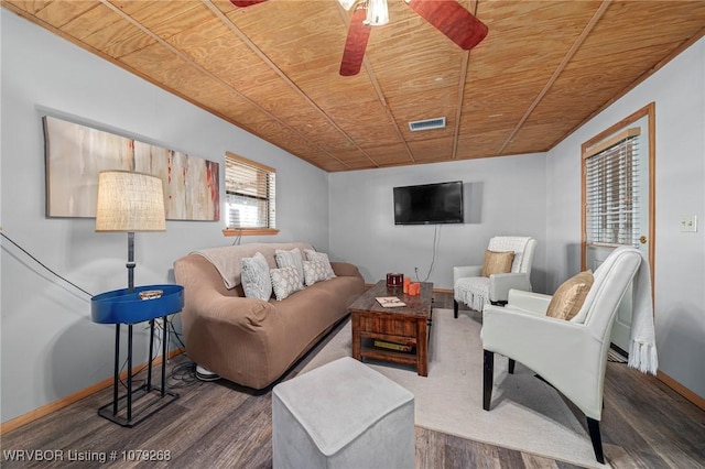 living room featuring a ceiling fan, wood finished floors, wood ceiling, and baseboards