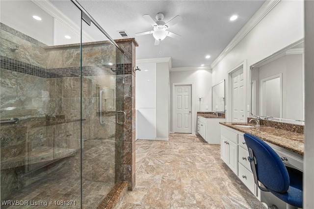11805 Springridge Dr, Fort Smith, AR 72916 - full bathroom featuring crown molding, a shower stall, ceiling fan, vanity, and recessed lighting