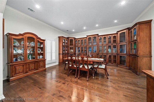 11805 Springridge Dr, Fort Smith, AR 72916 - dining area with dark wood-type flooring, ornamental molding, and recessed lighting