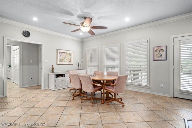 11805 Springridge Dr, Fort Smith, AR 72916 - dining room with a ceiling fan, ornamental molding, light tile patterned flooring, a textured ceiling, and recessed lighting