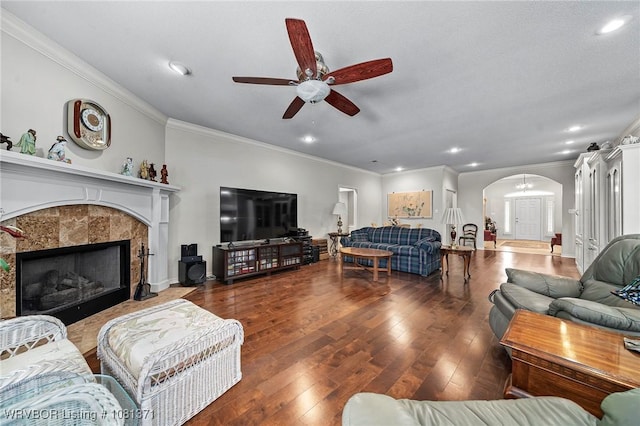 11805 Springridge Dr, Fort Smith, AR 72916 - living area featuring arched walkways, ceiling fan, ornamental molding, recessed lighting, and wood-type flooring