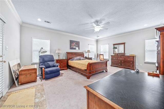 11805 Springridge Dr, Fort Smith, AR 72916 - bedroom featuring light carpet, a textured ceiling, ornamental molding, a ceiling fan, and recessed lighting