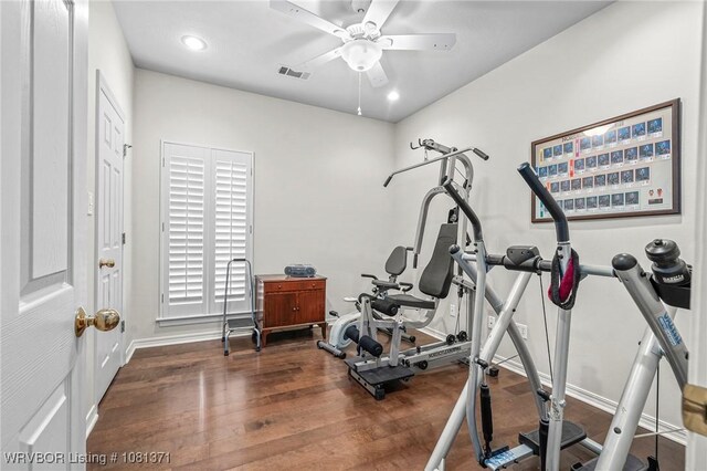 11805 Springridge Dr, Fort Smith, AR 72916 - workout room with a ceiling fan, wood finished floors, and recessed lighting