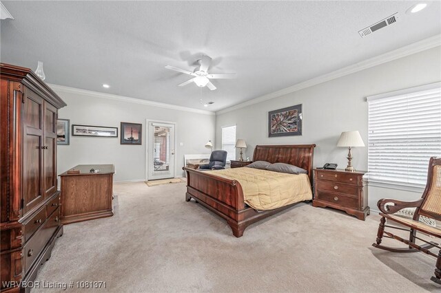 11805 Springridge Dr, Fort Smith, AR 72916 - bedroom featuring light carpet, crown molding, recessed lighting, a ceiling fan, and access to outside
