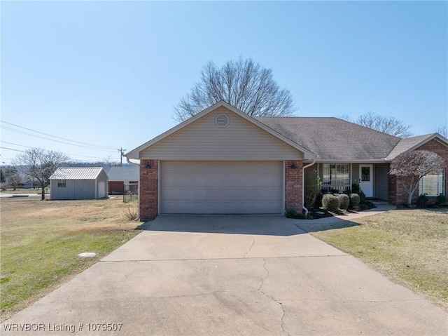 single story home with roof with shingles, an attached garage, concrete driveway, a front lawn, and brick siding