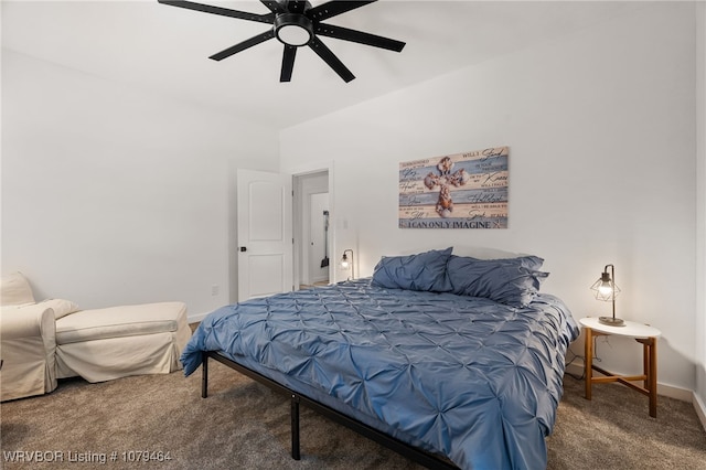 bedroom with ceiling fan, baseboards, and carpet flooring