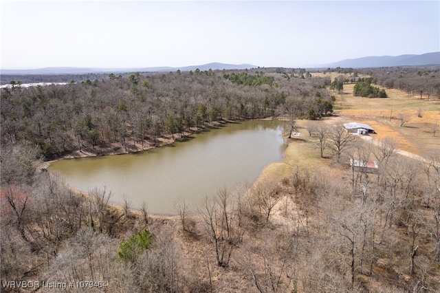 drone / aerial view with a wooded view and a water and mountain view