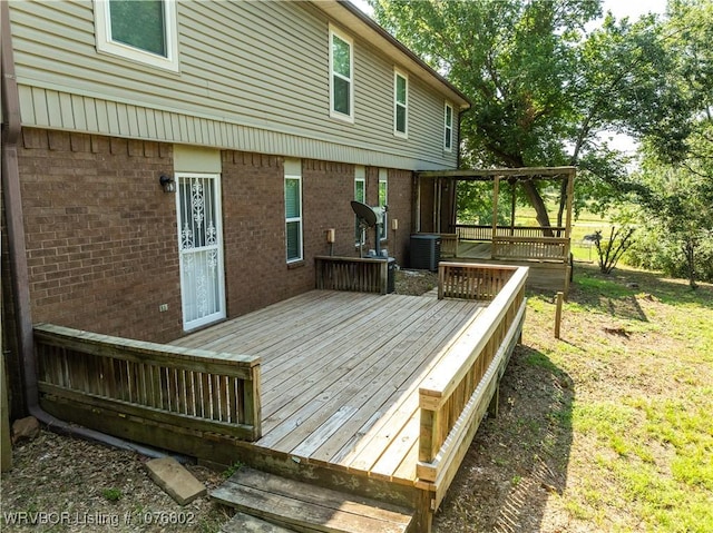 wooden terrace featuring central air condition unit