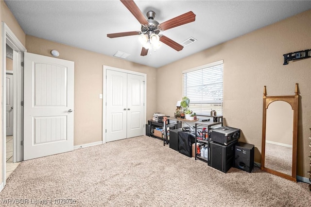 1075 Maple Ridge Dr, Greenwood, AR 72936 - game room featuring carpet floors, ceiling fan, baseboards, and visible vents