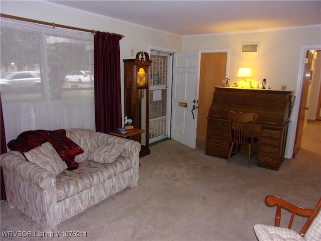 carpeted living room featuring ornamental molding